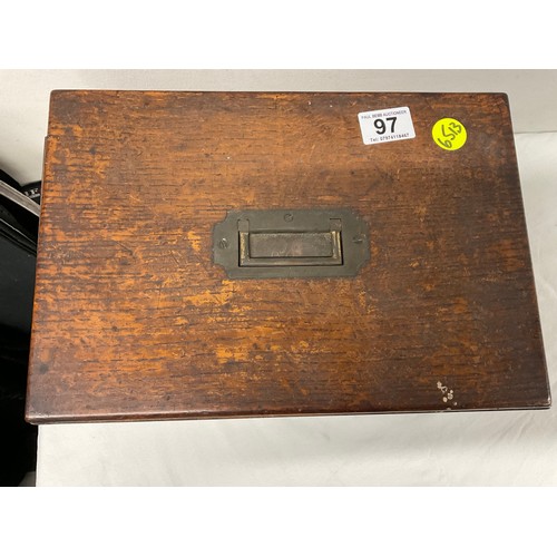 97 - ANTIQUE OAK TRAVEL BOX WITH ORIGINAL BRASS HANDLE AND KEYS A/F W13