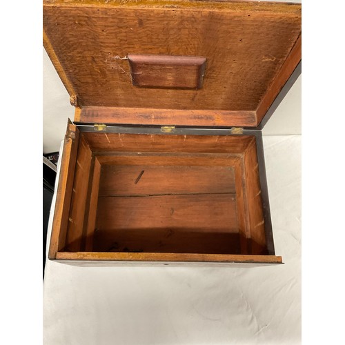 97 - ANTIQUE OAK TRAVEL BOX WITH ORIGINAL BRASS HANDLE AND KEYS A/F W13