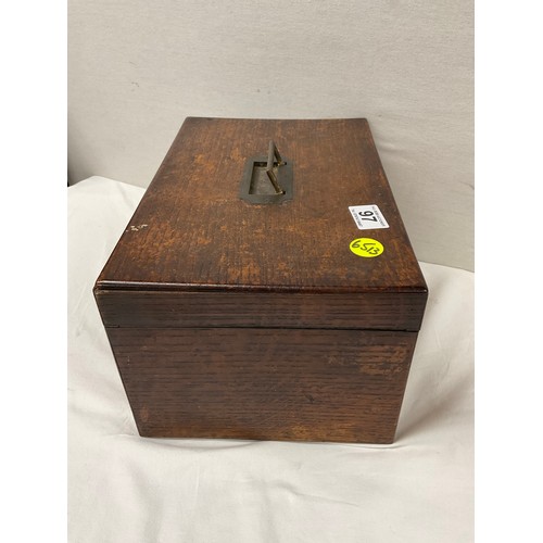 97 - ANTIQUE OAK TRAVEL BOX WITH ORIGINAL BRASS HANDLE AND KEYS A/F W13