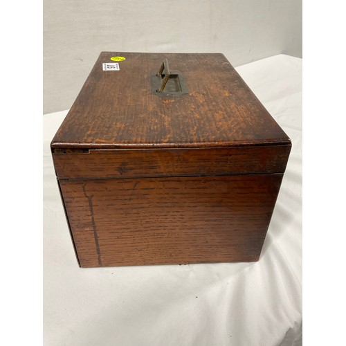 97 - ANTIQUE OAK TRAVEL BOX WITH ORIGINAL BRASS HANDLE AND KEYS A/F W13