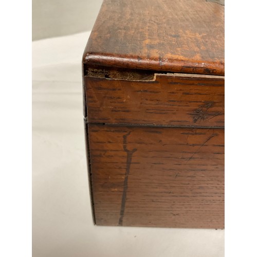 97 - ANTIQUE OAK TRAVEL BOX WITH ORIGINAL BRASS HANDLE AND KEYS A/F W13