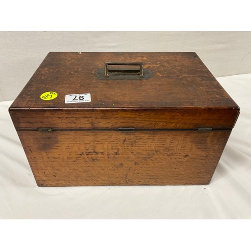 97 - ANTIQUE OAK TRAVEL BOX WITH ORIGINAL BRASS HANDLE AND KEYS A/F W13