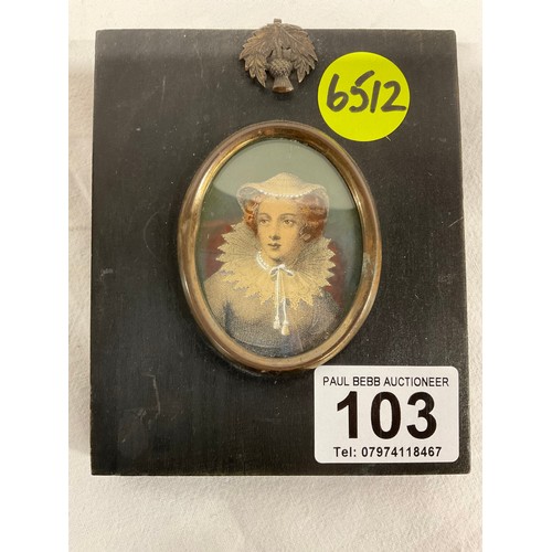 103 - TWO PAINTED MINIATURES MARY QUEEN OF SCOTS PAINTED ON SMALL OAK PANEL AND SMALL OIL ON CERAMIC DISC ... 