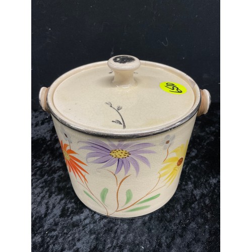 108 - ARTHUR WOODS BISCUIT BARREL(CRACK) WITH LID H6