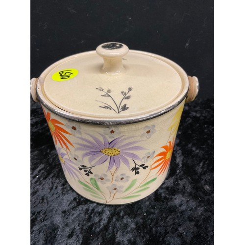 108 - ARTHUR WOODS BISCUIT BARREL(CRACK) WITH LID H6