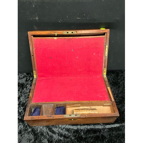 114 - ANTIQUE MAHOGANY WRITING BOX WITH VELVET INTERIOR AND SECRET PULL OUT DRAW INCLUDING SMALL LEATHER V... 