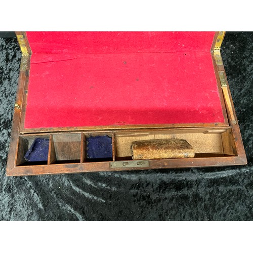 114 - ANTIQUE MAHOGANY WRITING BOX WITH VELVET INTERIOR AND SECRET PULL OUT DRAW INCLUDING SMALL LEATHER V... 