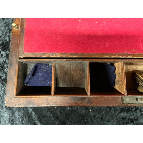 114 - ANTIQUE MAHOGANY WRITING BOX WITH VELVET INTERIOR AND SECRET PULL OUT DRAW INCLUDING SMALL LEATHER V... 