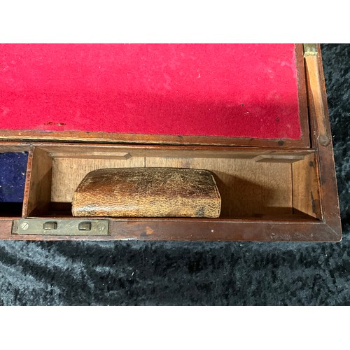 114 - ANTIQUE MAHOGANY WRITING BOX WITH VELVET INTERIOR AND SECRET PULL OUT DRAW INCLUDING SMALL LEATHER V... 