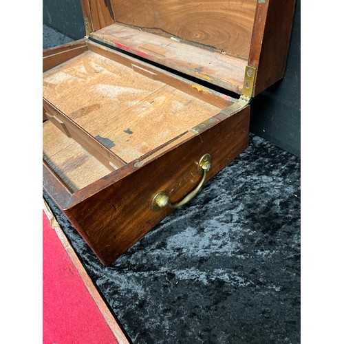 114 - ANTIQUE MAHOGANY WRITING BOX WITH VELVET INTERIOR AND SECRET PULL OUT DRAW INCLUDING SMALL LEATHER V... 