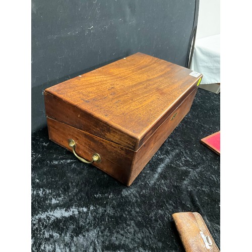 114 - ANTIQUE MAHOGANY WRITING BOX WITH VELVET INTERIOR AND SECRET PULL OUT DRAW INCLUDING SMALL LEATHER V... 