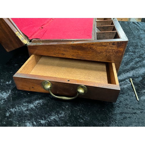 114 - ANTIQUE MAHOGANY WRITING BOX WITH VELVET INTERIOR AND SECRET PULL OUT DRAW INCLUDING SMALL LEATHER V... 