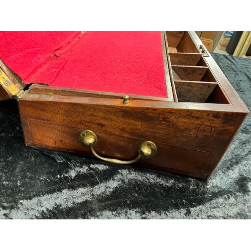 114 - ANTIQUE MAHOGANY WRITING BOX WITH VELVET INTERIOR AND SECRET PULL OUT DRAW INCLUDING SMALL LEATHER V... 