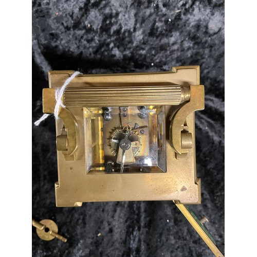 118 - SMALL BRASS CARRIAGE CLOCK WITH BEVELLED GLASS MADE BY WHYTTOCK AND SONS - HEIGHT 6”