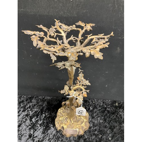 122 - ANTIQUE SILVER PLATED TABLE CENTRE PIECE IN FORM OF OAK TREE WITH HORSE BELOW PRESENTED MR F.HARRIS ... 