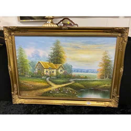 124 - PAIR OF MODERN LARGE OIL ON CANVAS PAINTINGS WITH  GILT WOODEN FRAMES DEPICTING COTTAGE COUNTRY SCEN... 