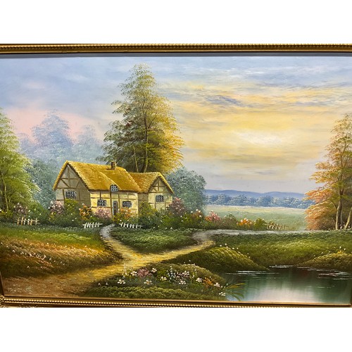 124 - PAIR OF MODERN LARGE OIL ON CANVAS PAINTINGS WITH  GILT WOODEN FRAMES DEPICTING COTTAGE COUNTRY SCEN... 