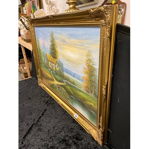 124 - PAIR OF MODERN LARGE OIL ON CANVAS PAINTINGS WITH  GILT WOODEN FRAMES DEPICTING COTTAGE COUNTRY SCEN... 