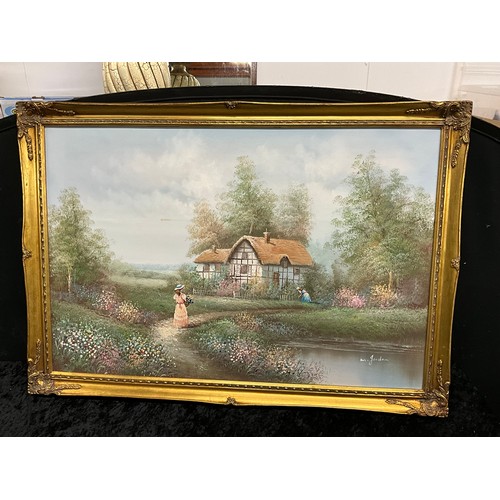 124 - PAIR OF MODERN LARGE OIL ON CANVAS PAINTINGS WITH  GILT WOODEN FRAMES DEPICTING COTTAGE COUNTRY SCEN... 