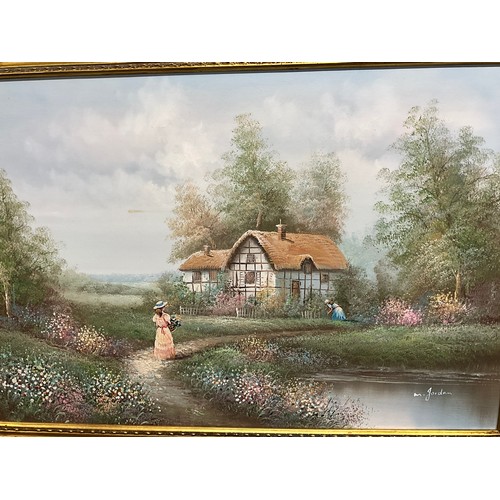 124 - PAIR OF MODERN LARGE OIL ON CANVAS PAINTINGS WITH  GILT WOODEN FRAMES DEPICTING COTTAGE COUNTRY SCEN... 