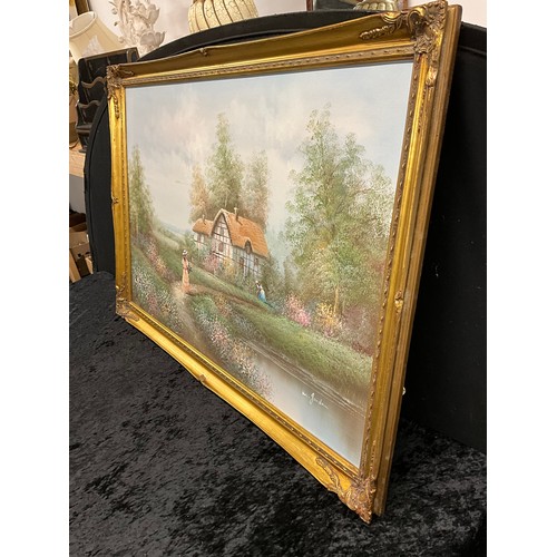 124 - PAIR OF MODERN LARGE OIL ON CANVAS PAINTINGS WITH  GILT WOODEN FRAMES DEPICTING COTTAGE COUNTRY SCEN... 