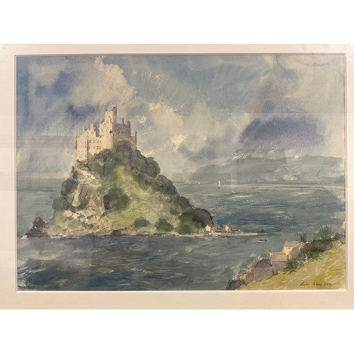 175 - LARGE GILT FRAMED WATERCOLOUR OF ST MICHEALS MOUNT SIGNED LESLEY HOLMES DATED 2012 A FEATURED ILLUST... 