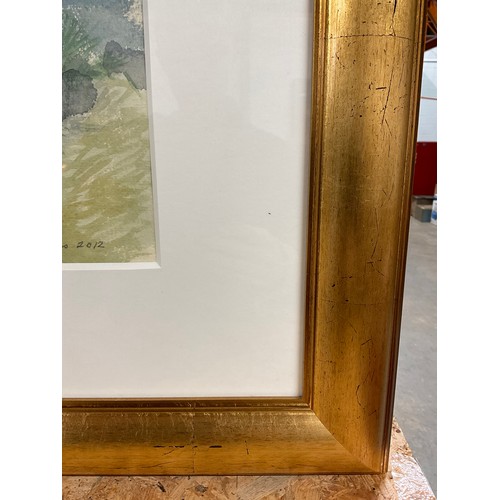 175 - LARGE GILT FRAMED WATERCOLOUR OF ST MICHEALS MOUNT SIGNED LESLEY HOLMES DATED 2012 A FEATURED ILLUST... 