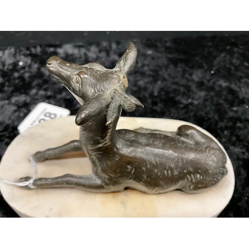 138 - BRONZE DEER ON WHITE  MARBLE BASE NO DISTINCTIVE MAKERS MARK DAMAGED TO ONE ANTLER