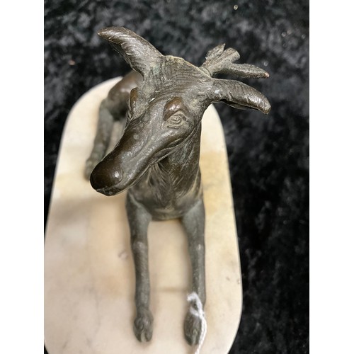 138 - BRONZE DEER ON WHITE  MARBLE BASE NO DISTINCTIVE MAKERS MARK DAMAGED TO ONE ANTLER