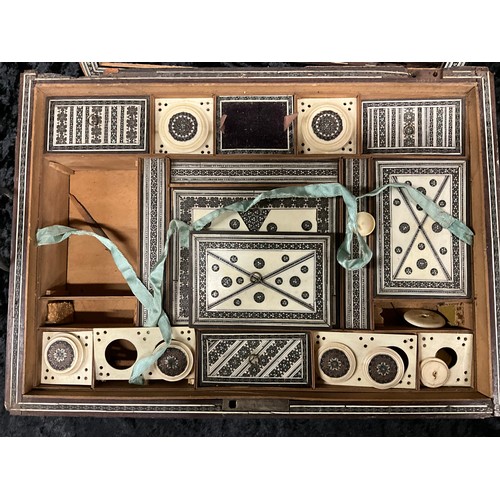 144 - ANGLO-INDIAN INLAID WORK BOX WITH BONE CONTENTS A/F