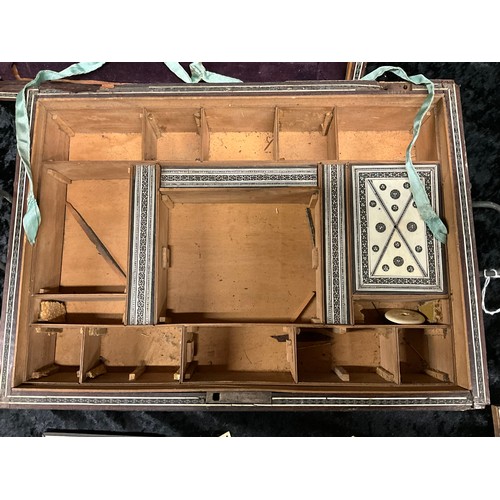 144 - ANGLO-INDIAN INLAID WORK BOX WITH BONE CONTENTS A/F