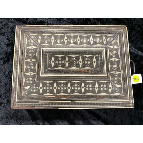 144 - ANGLO-INDIAN INLAID WORK BOX WITH BONE CONTENTS A/F