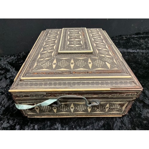 144 - ANGLO-INDIAN INLAID WORK BOX WITH BONE CONTENTS A/F