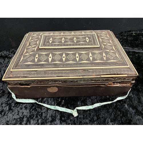 144 - ANGLO-INDIAN INLAID WORK BOX WITH BONE CONTENTS A/F