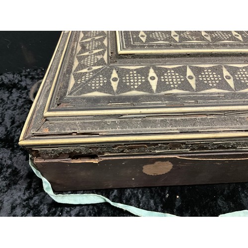 144 - ANGLO-INDIAN INLAID WORK BOX WITH BONE CONTENTS A/F