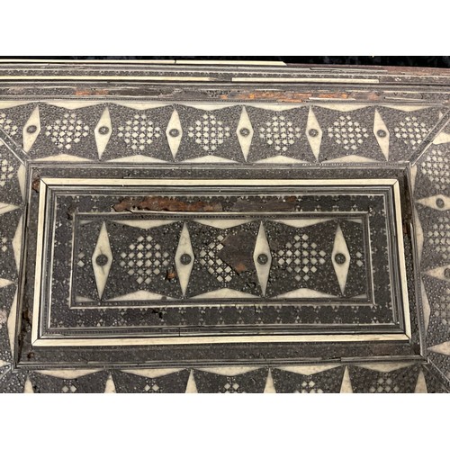 144 - ANGLO-INDIAN INLAID WORK BOX WITH BONE CONTENTS A/F