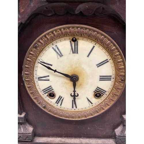 147 - ANTIQUE OAK FRAMED MANTLECLOCK WITH CERAMIC DIAL MARKED ANSONIA CLOCK COMPANY USA NEW YORK  H14