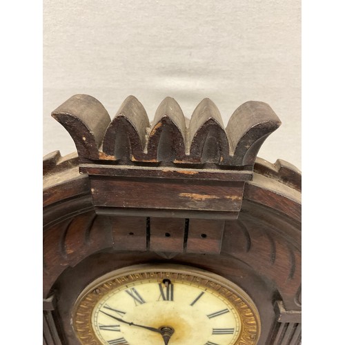 147 - ANTIQUE OAK FRAMED MANTLECLOCK WITH CERAMIC DIAL MARKED ANSONIA CLOCK COMPANY USA NEW YORK  H14