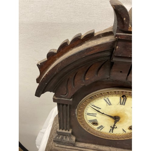 147 - ANTIQUE OAK FRAMED MANTLECLOCK WITH CERAMIC DIAL MARKED ANSONIA CLOCK COMPANY USA NEW YORK  H14