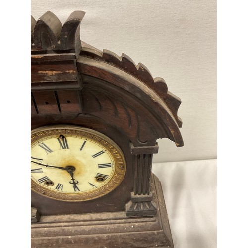 147 - ANTIQUE OAK FRAMED MANTLECLOCK WITH CERAMIC DIAL MARKED ANSONIA CLOCK COMPANY USA NEW YORK  H14