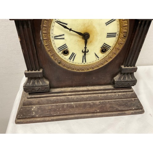 147 - ANTIQUE OAK FRAMED MANTLECLOCK WITH CERAMIC DIAL MARKED ANSONIA CLOCK COMPANY USA NEW YORK  H14