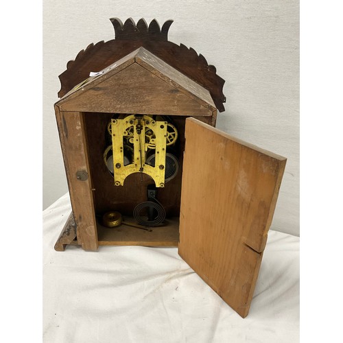 147 - ANTIQUE OAK FRAMED MANTLECLOCK WITH CERAMIC DIAL MARKED ANSONIA CLOCK COMPANY USA NEW YORK  H14