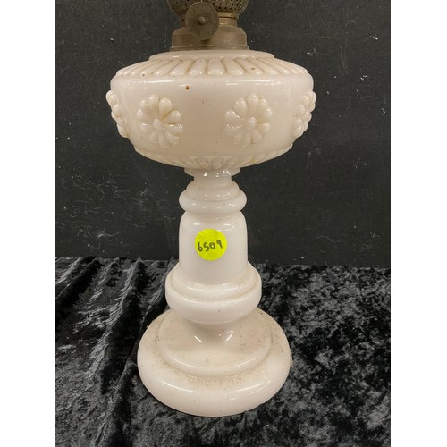 149 - ANTIQUE OIL LAMP WITH WHITE GLASS BODY BRASS FITTINGS COMPLETE WITH CHIMNEY AND GLASS SHADE H22