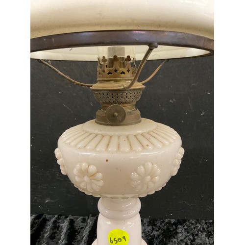 149 - ANTIQUE OIL LAMP WITH WHITE GLASS BODY BRASS FITTINGS COMPLETE WITH CHIMNEY AND GLASS SHADE H22