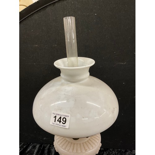 149 - ANTIQUE OIL LAMP WITH WHITE GLASS BODY BRASS FITTINGS COMPLETE WITH CHIMNEY AND GLASS SHADE H22