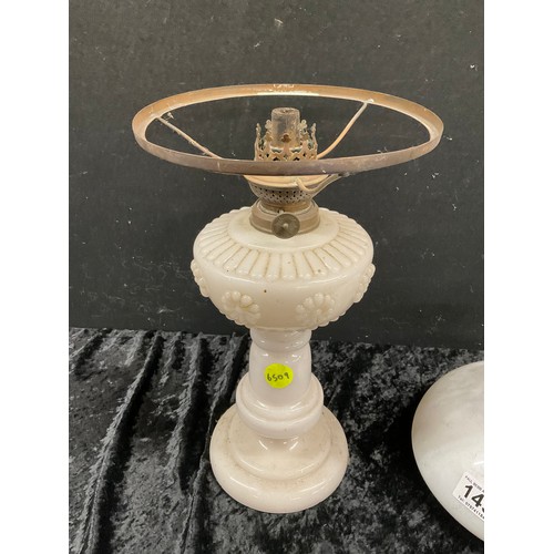 149 - ANTIQUE OIL LAMP WITH WHITE GLASS BODY BRASS FITTINGS COMPLETE WITH CHIMNEY AND GLASS SHADE H22