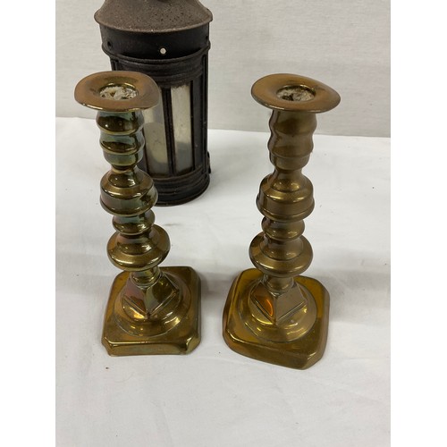 150 - TWO PAIRS OF BRASS CANDLESTICKS BRASS BELL BRASS DESK INKWELL WITH ORIGINAL GLASS BOWL IRON DOORBELL... 