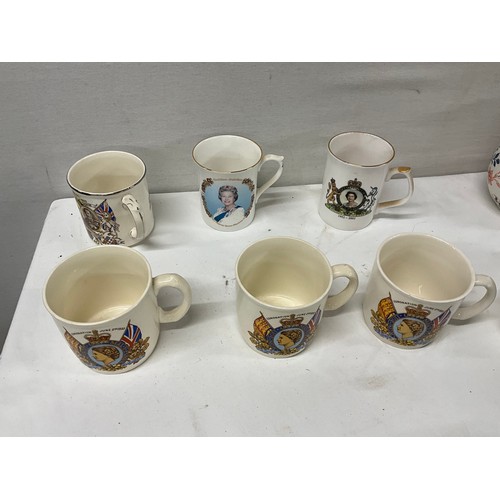 155 - COLLECTION OF MUGS TO INCLUDE LARGE QUANTITY OF COMMERATIVE JUGS BUTTER DISH BOWLS TEA CUPS SAUCERS ... 