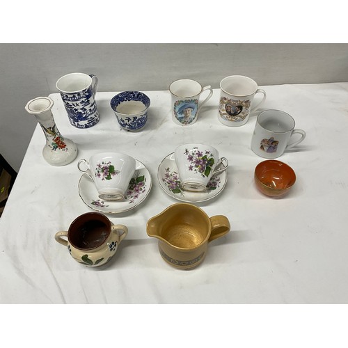 155 - COLLECTION OF MUGS TO INCLUDE LARGE QUANTITY OF COMMERATIVE JUGS BUTTER DISH BOWLS TEA CUPS SAUCERS ... 