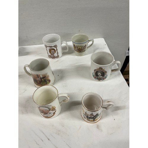 155 - COLLECTION OF MUGS TO INCLUDE LARGE QUANTITY OF COMMERATIVE JUGS BUTTER DISH BOWLS TEA CUPS SAUCERS ... 